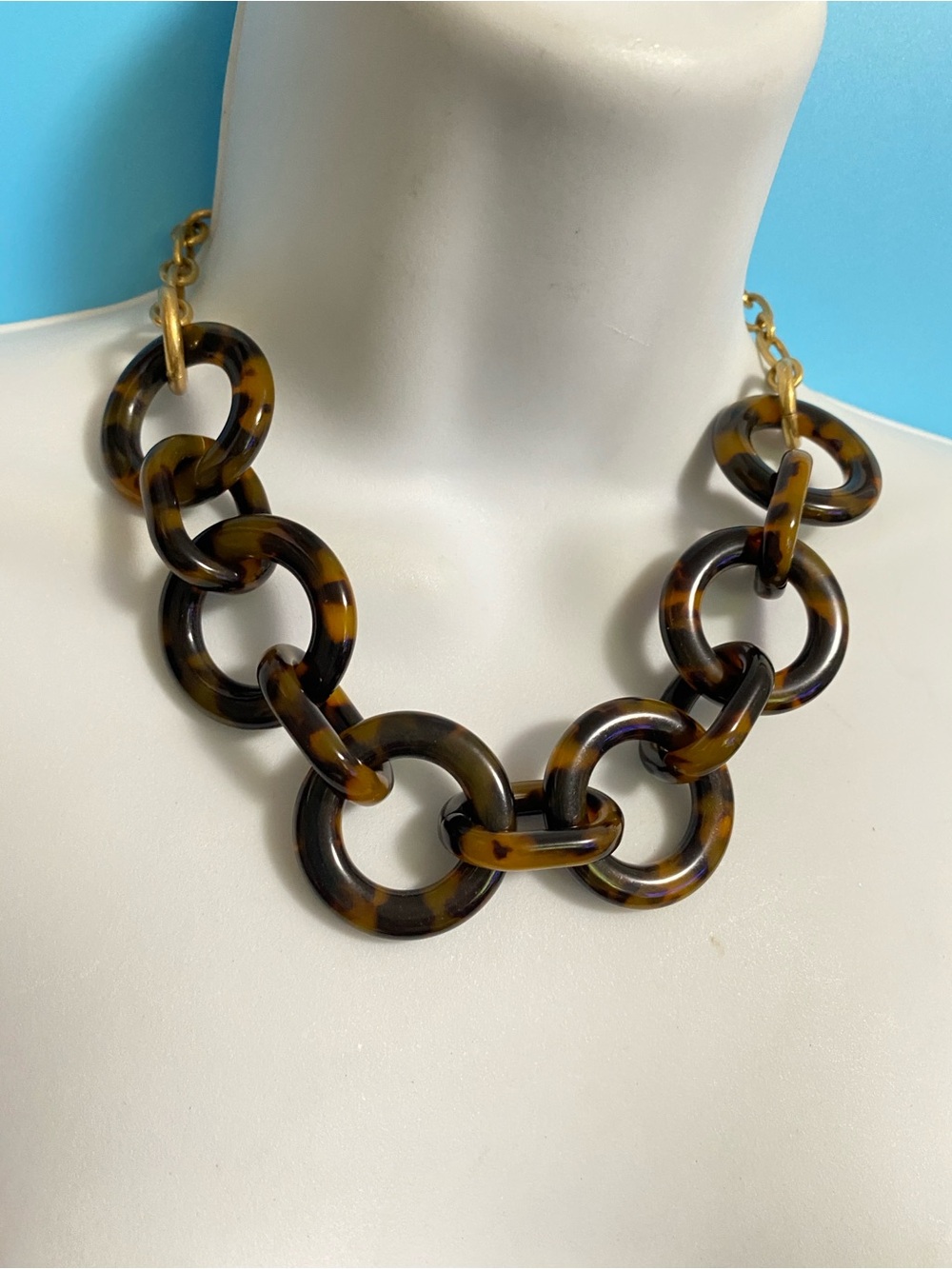 J. CREW Faux Tortoise Shell Chunky Links Necklace Gold Tone Statement